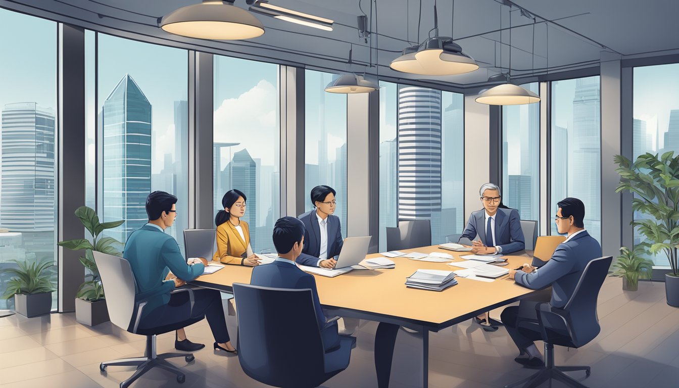 A group of business professionals discussing financial backing and legal requirements while reviewing a detailed business plan in a modern Singapore office setting