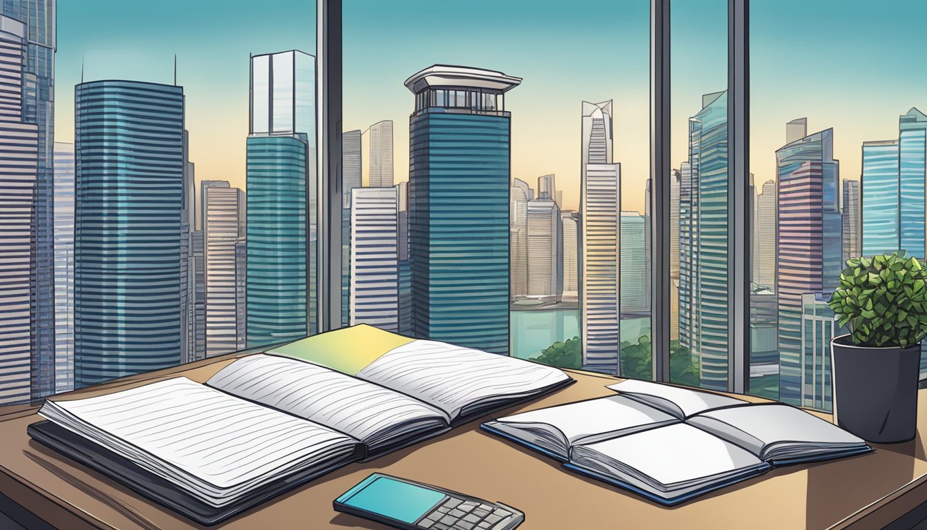 A desk with a laptop, pen, and paper. A stack of business books and a Singapore cityscape in the background