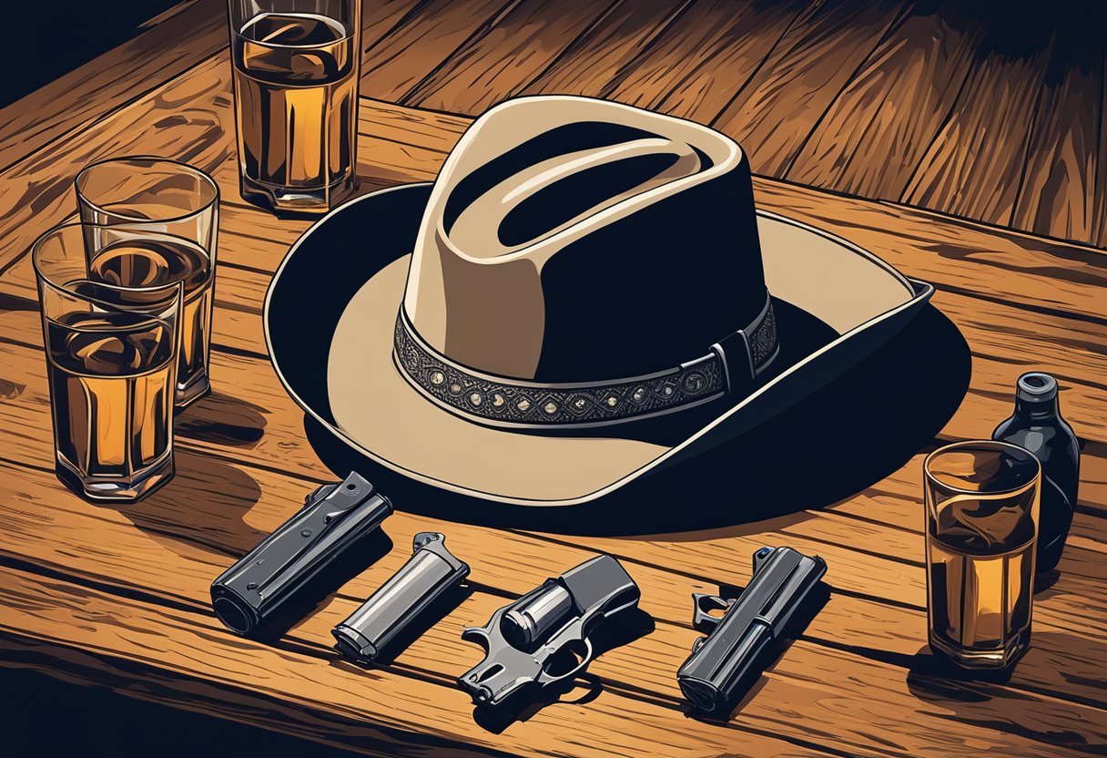 Cowboy hat on a weathered wooden table, surrounded by empty whiskey glasses and a worn-out revolver