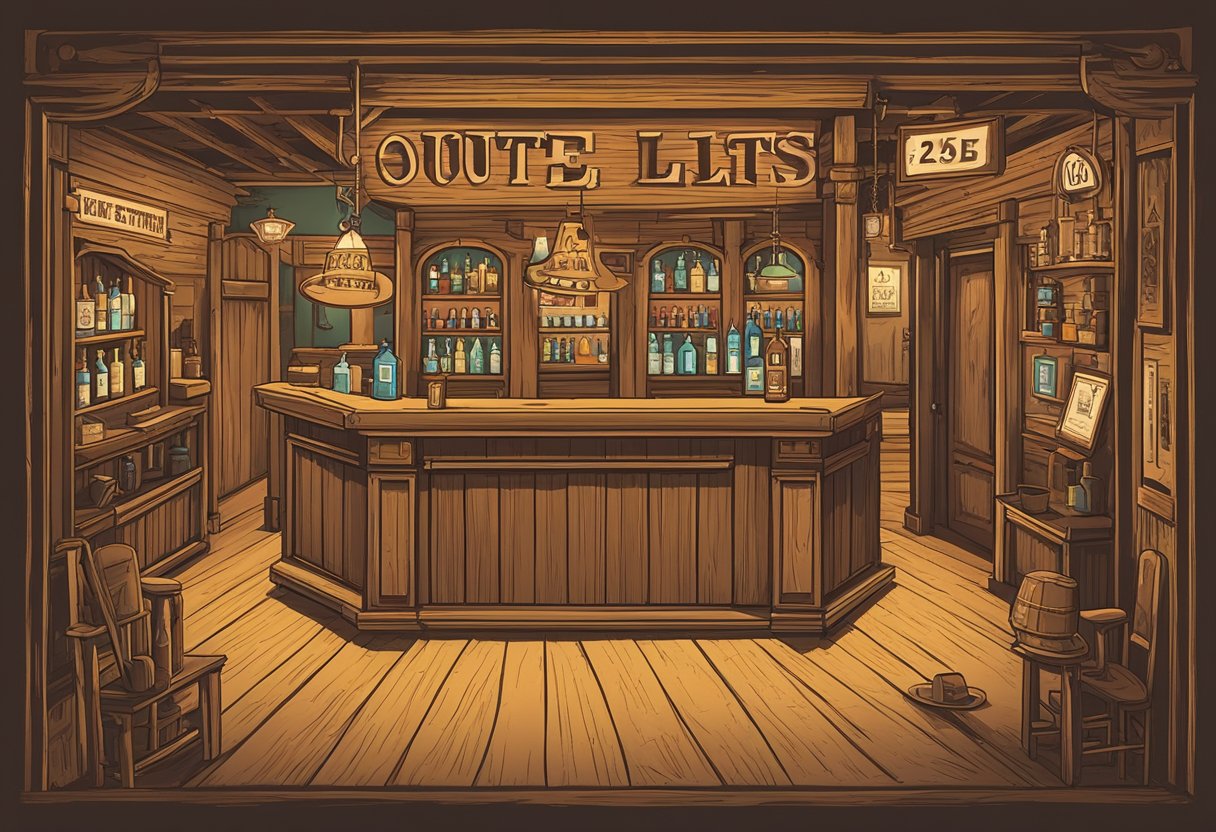 A dusty saloon with swinging doors, a cowboy hat hanging on a hook, and a sign reading "Quote List 26 - 50 western quotes" above the bar
