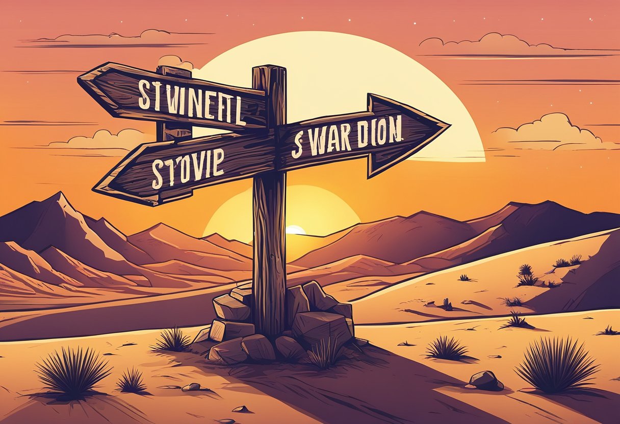 A rustic wooden signpost stands in the desert, pointing in different directions with weathered quotes carved into it. The sun sets behind the distant mountains, casting a warm glow over the scene