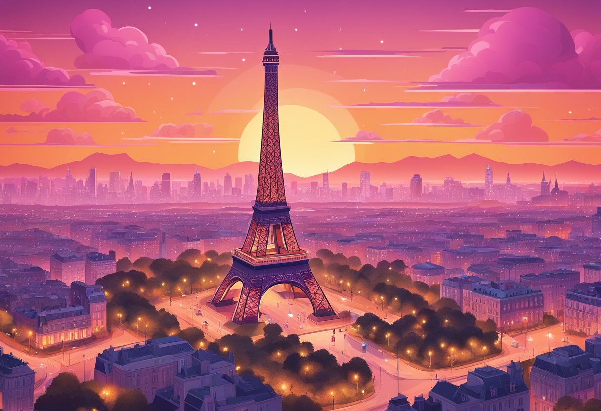The Eiffel Tower stands tall against a pink and orange sunset, with the city lights twinkling below