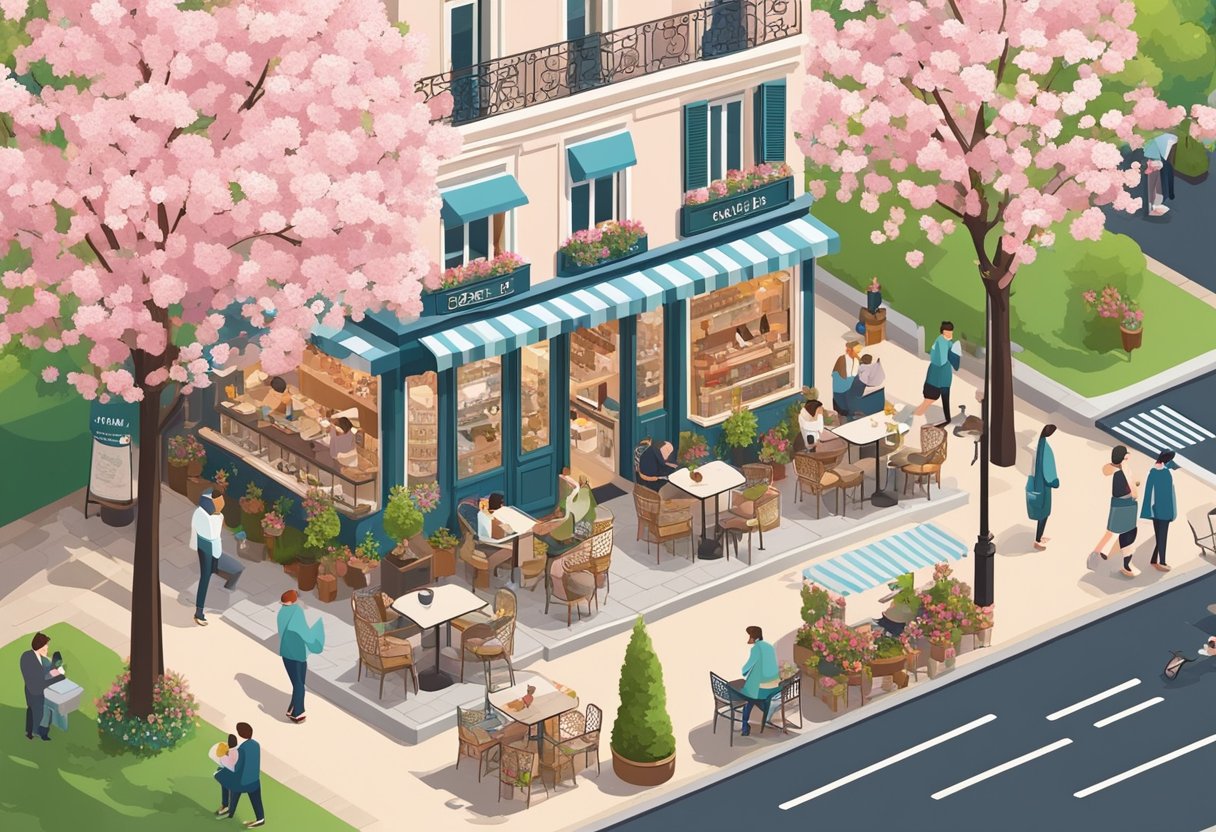 A Parisian café with a view of the Eiffel Tower, surrounded by blooming cherry blossoms and bustling with locals and tourists