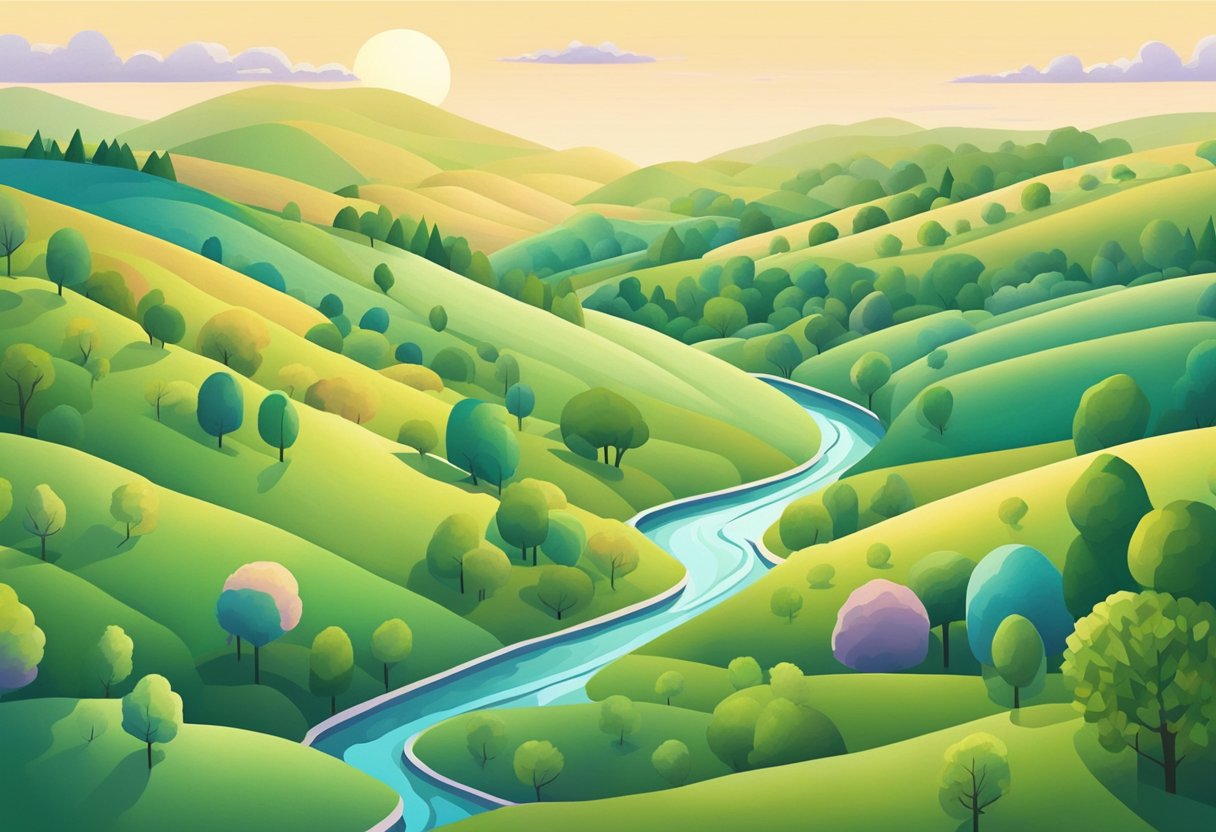 Rolling hills meet the horizon under a pastel sky. Trees sway in the gentle breeze, casting long shadows. A tranquil stream winds through the scene, reflecting the beauty of nature