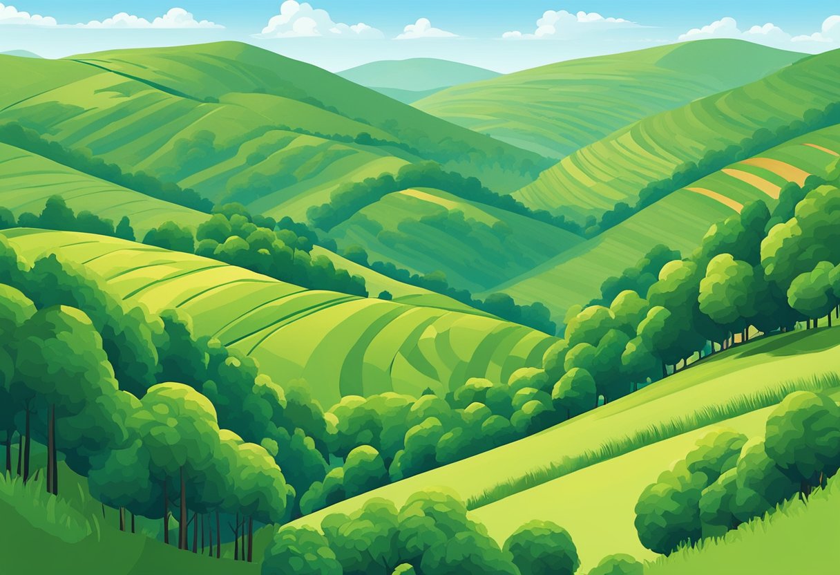 Rolling hills, lush greenery, and a clear blue sky create a serene landscape. A gentle breeze rustles through the trees, adding a sense of tranquility to the scene