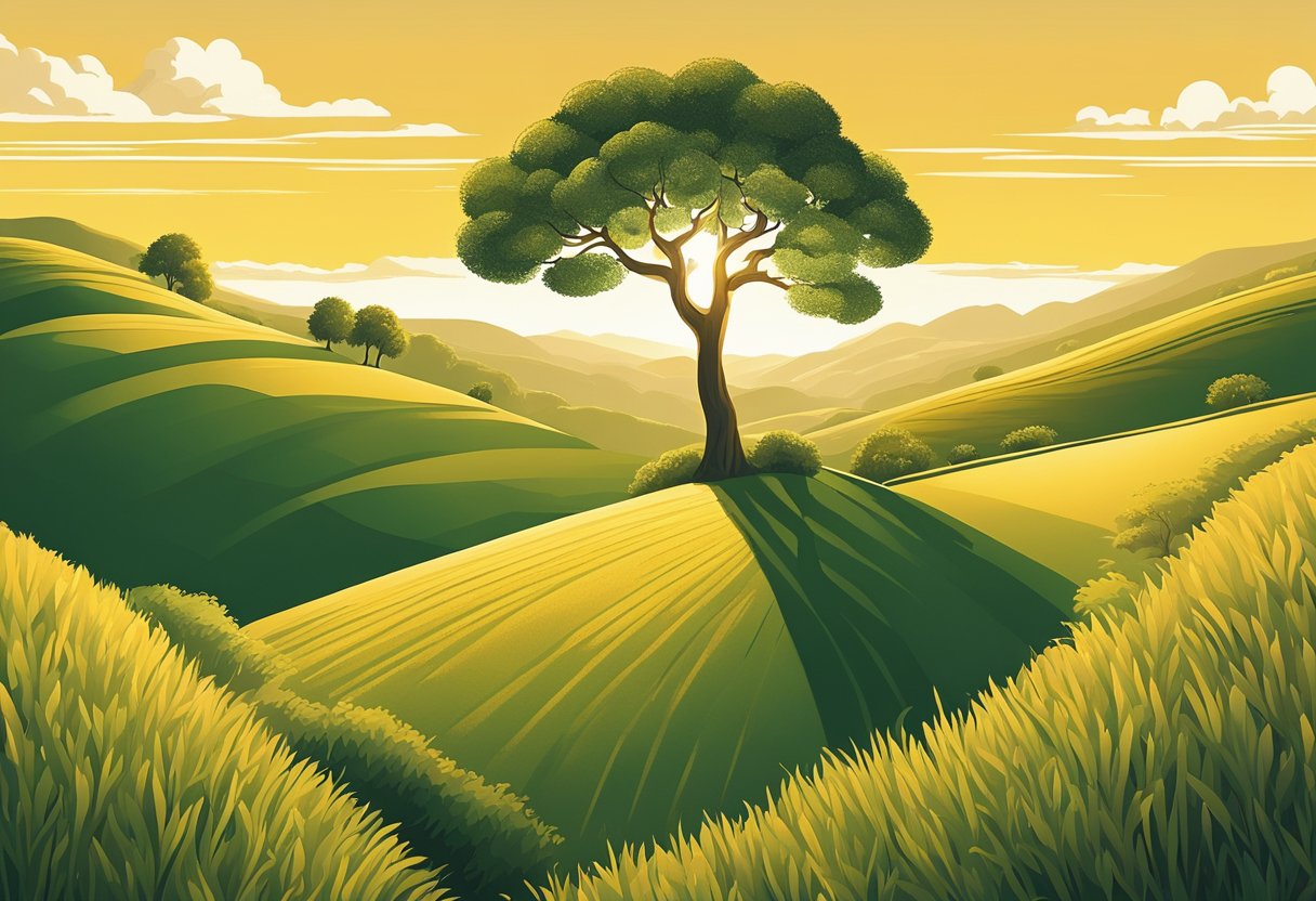 Rolling hills, bathed in golden sunlight, stretch endlessly to the horizon. A lone tree stands proudly, its branches reaching towards the sky. A gentle breeze rustles the grass, creating a sense of peace and tranquility