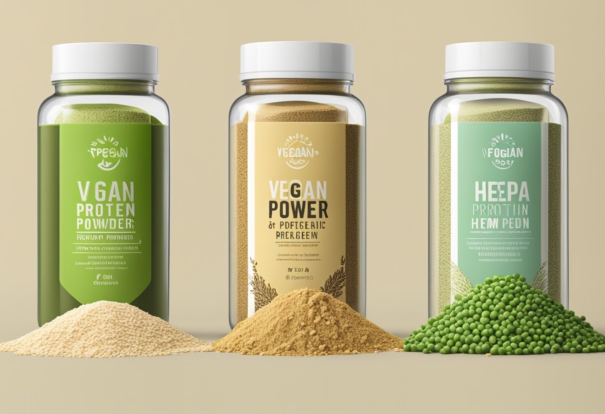 A variety of plant-based ingredients such as peas, rice, hemp, and quinoa are mixed together to create vegan protein powder