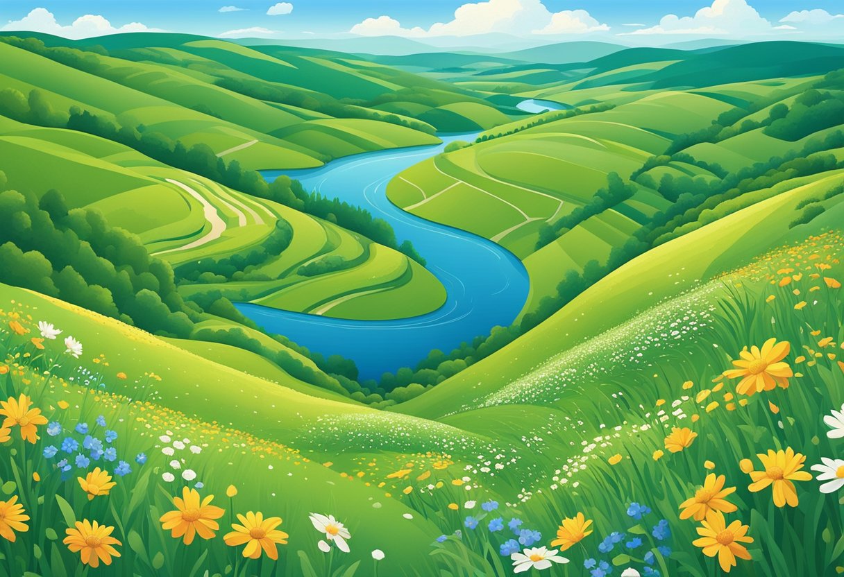 Rolling hills with vibrant green grass, dotted with colorful wildflowers. A winding river cuts through the landscape, reflecting the clear blue sky above. Tall trees line the horizon, casting dappled shadows on the peaceful scene