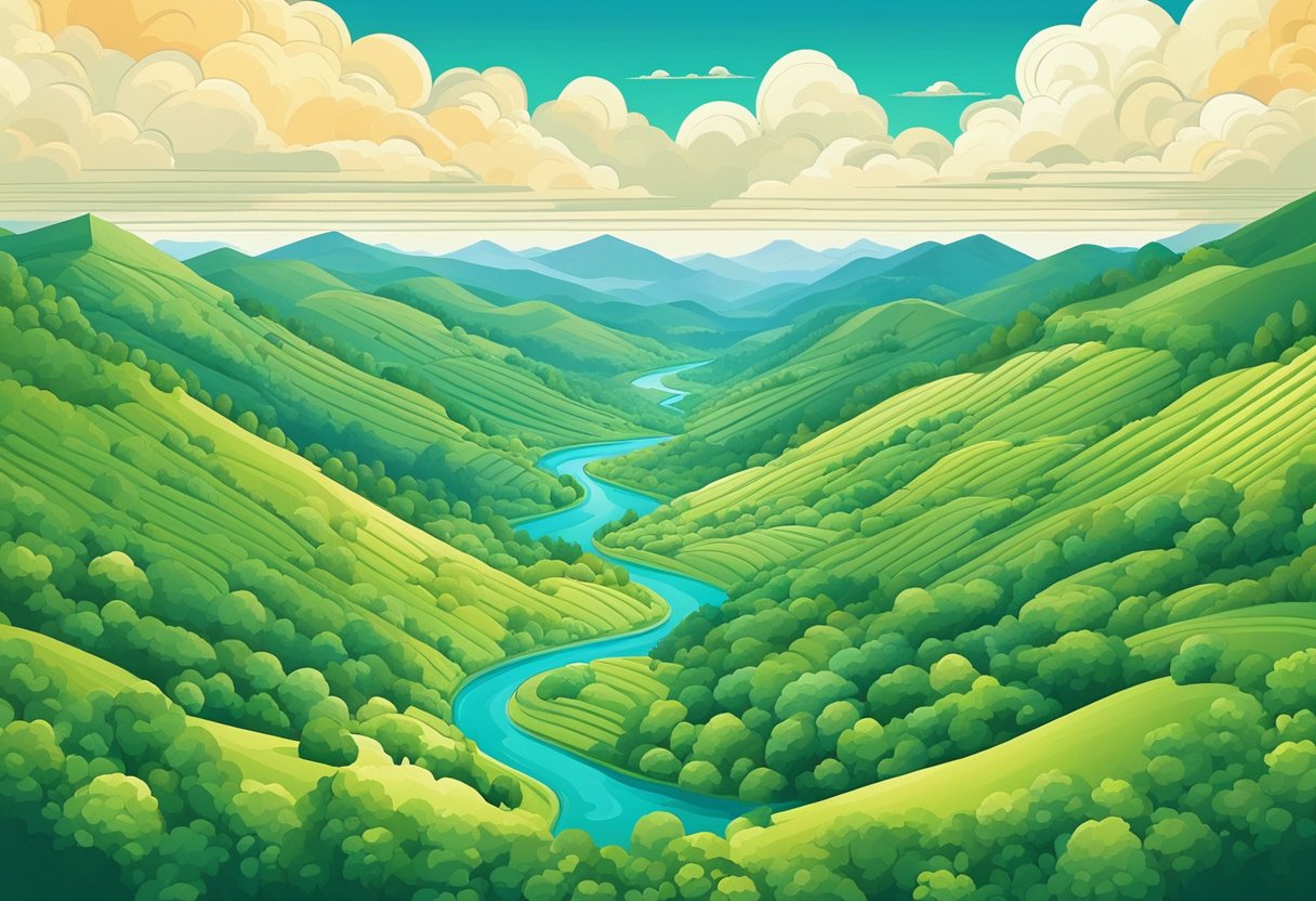 Rolling hills, lush forests, and winding rivers under a vibrant sky with clouds. The landscape stretches out in all directions, offering a sense of peace and tranquility