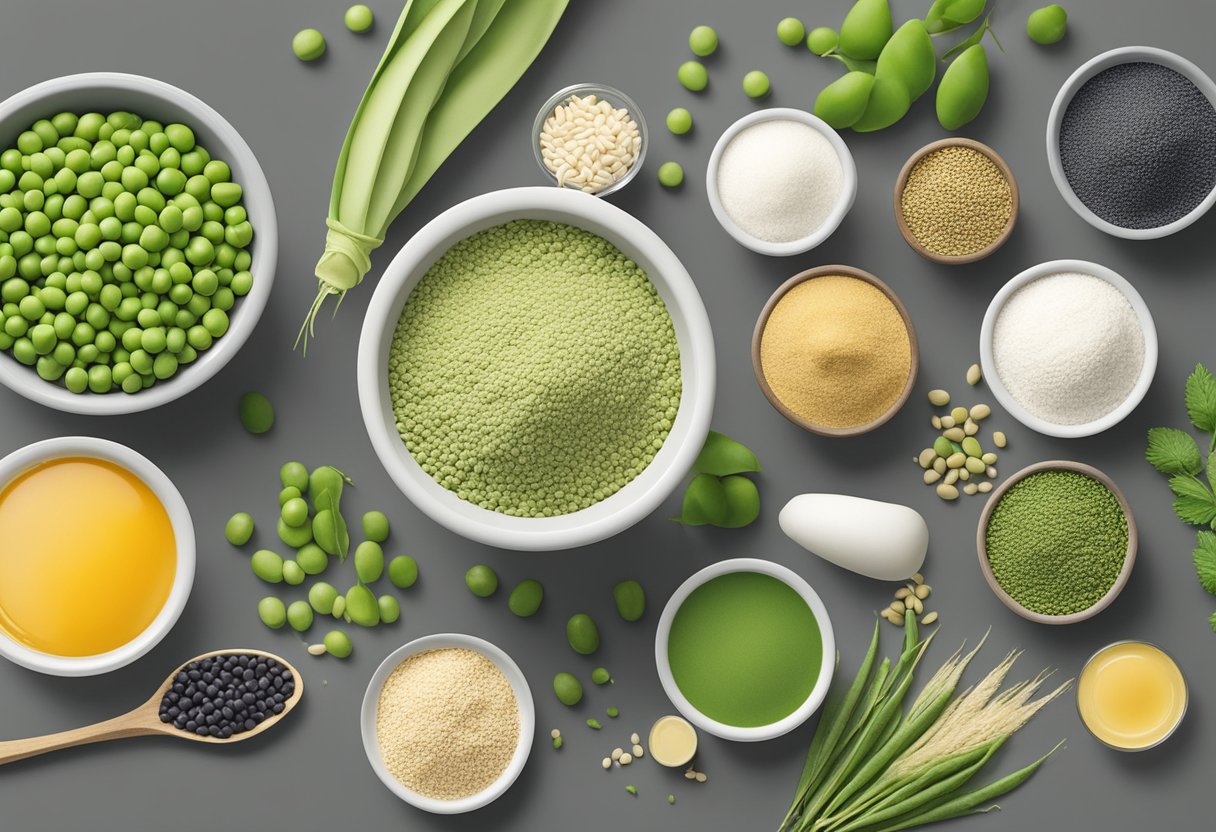 A variety of plant-based ingredients, such as peas, rice, hemp, and soy, are displayed on a clean, modern countertop, ready to be blended into vegan protein powder