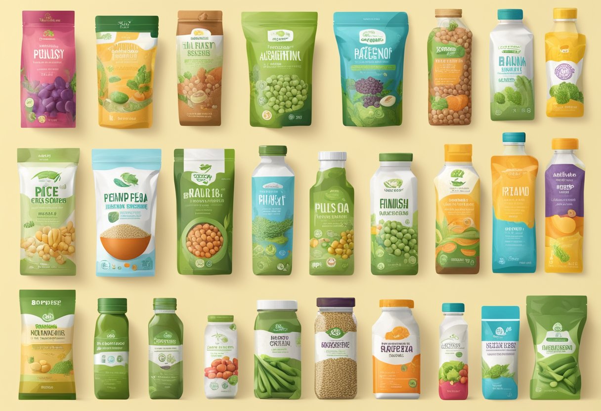 A variety of plant-based ingredients, such as pea, rice, hemp, and soy, are displayed in colorful packaging, alongside images of fruits and vegetables