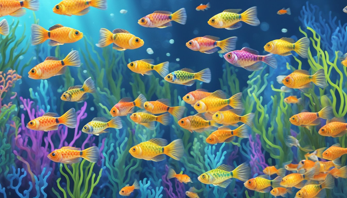 Colorful guppies swim in tanks at a Singapore pet store. Bright lighting showcases the vibrant scales and patterns of the fish. Multiple tanks line the walls, displaying a variety of guppy species