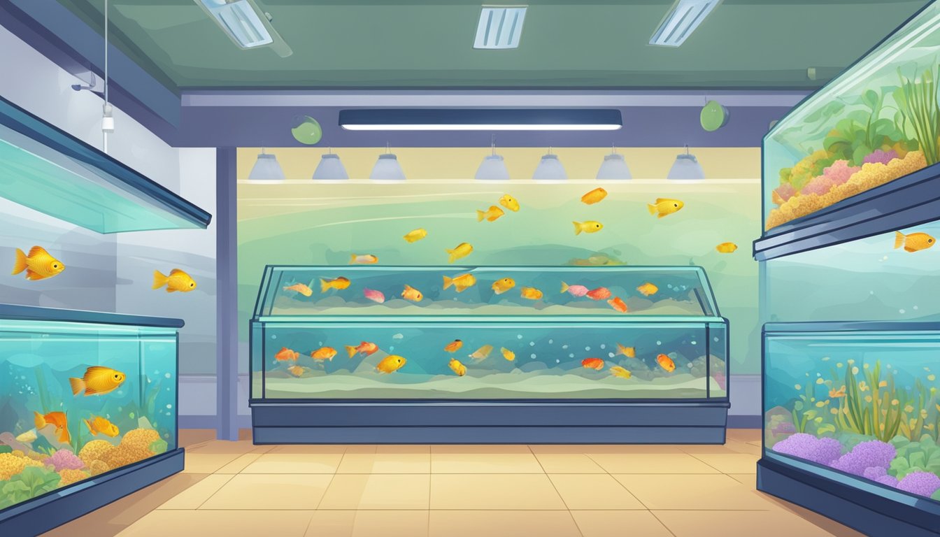 A pet shop in Singapore displays rows of colorful guppies in tanks, with signs indicating "Frequently Asked Questions: Where to buy guppies in Singapore"