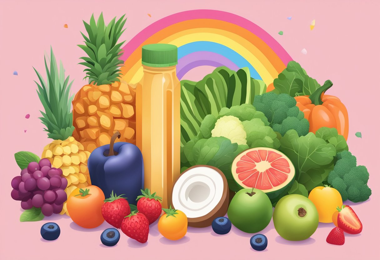 A colorful array of fruits and vegetables, a scoop of protein powder, and a vibrant rainbow in the background