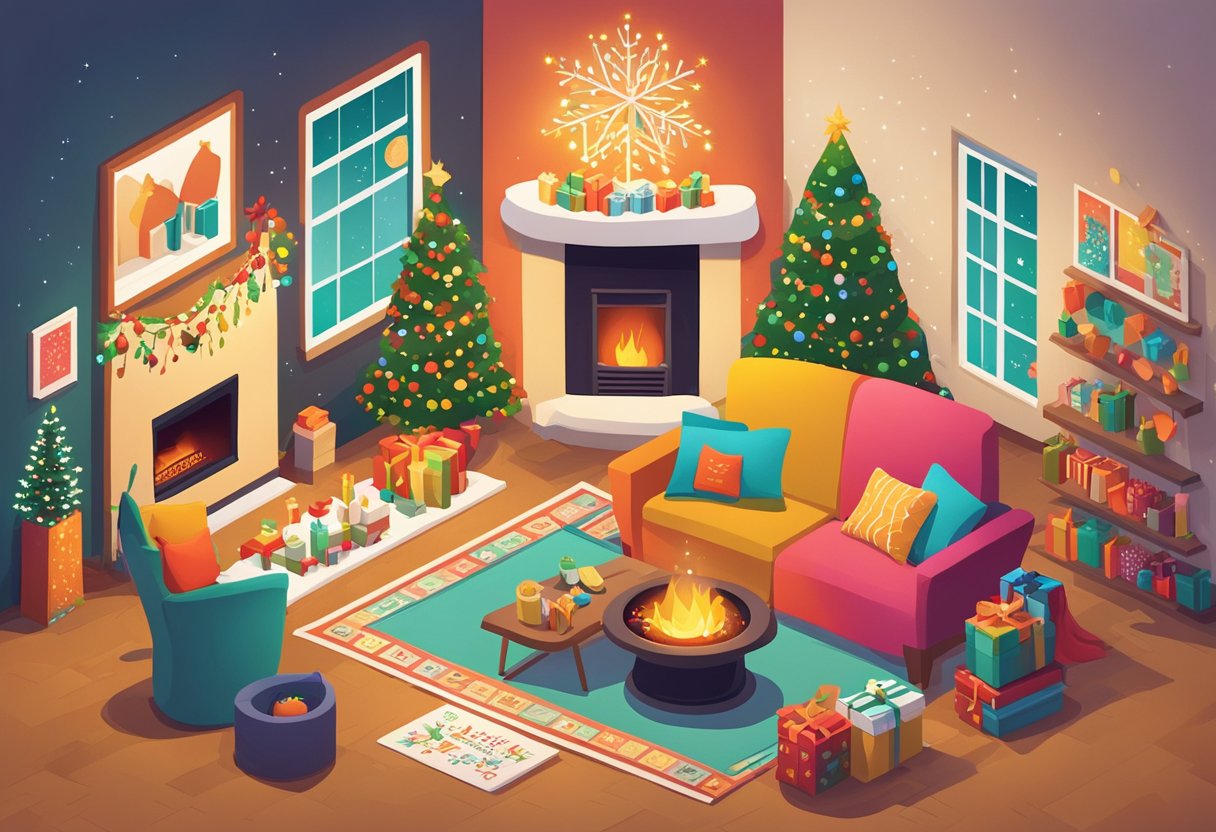 A festive scene with twinkling lights, a cozy fireplace, and colorful decorations. A stack of holiday quote cards sits on a table surrounded by cheerful holiday symbols
