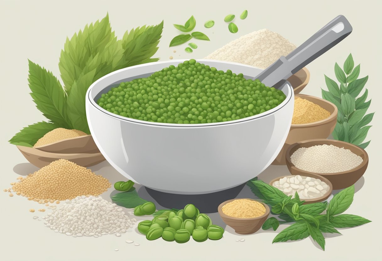 A variety of plant-based ingredients, such as pea, hemp, and rice, are scattered around a mixing bowl, with a scoop of vegan protein powder in the center