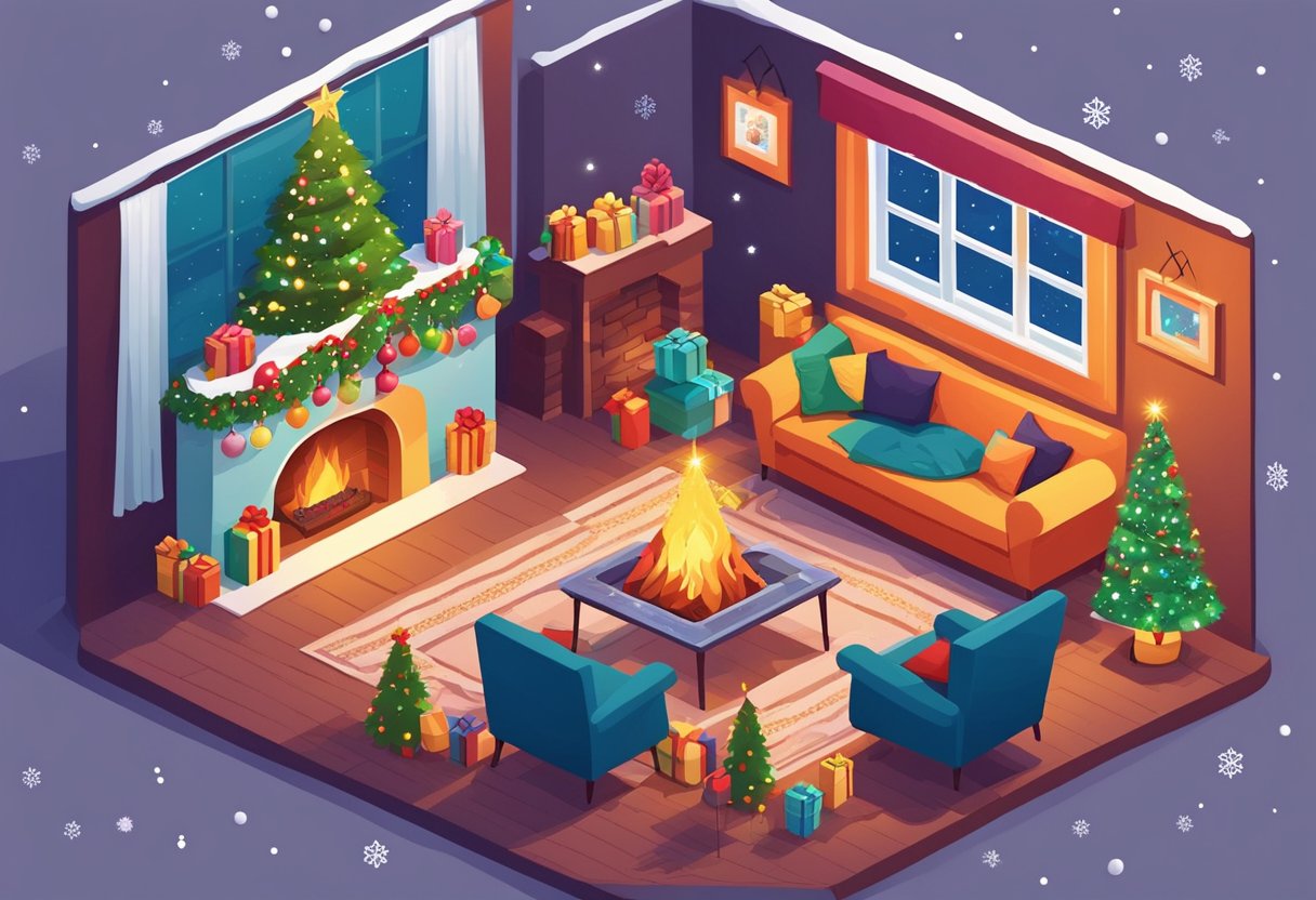 A festive scene with colorful decorations, twinkling lights, and a cozy fireplace, surrounded by quotes about happy holidays