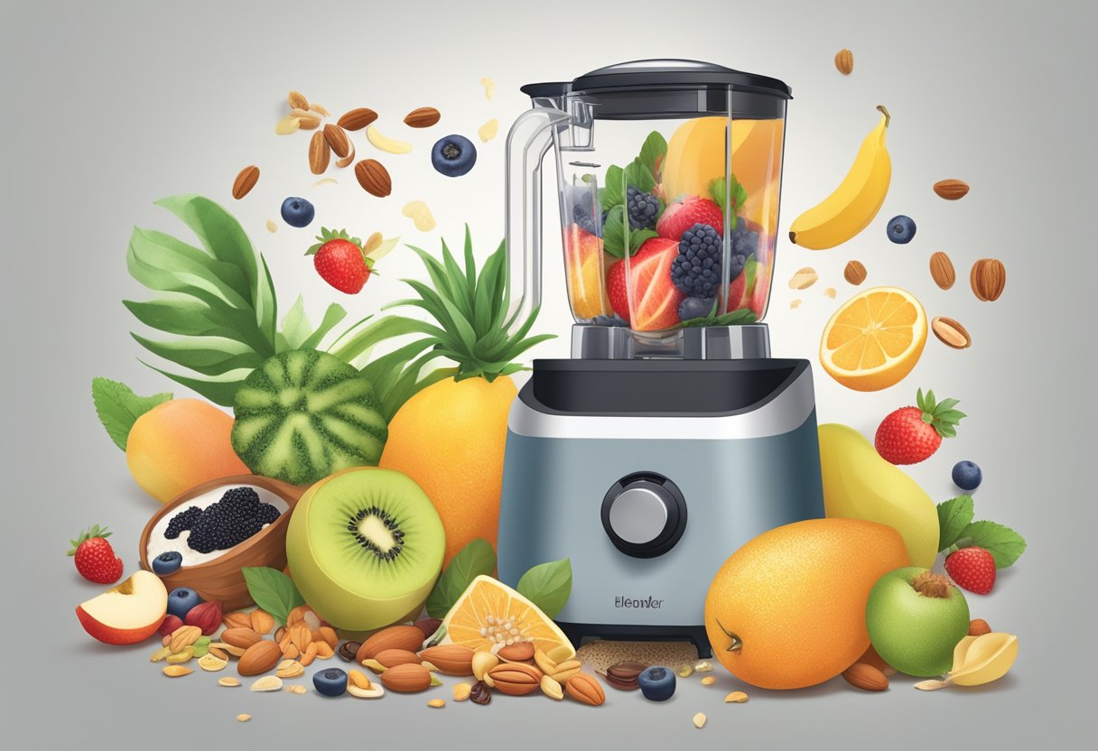 A blender whirs as it mixes plant-based ingredients into a smooth powder. Various fruits, nuts, and seeds are scattered nearby