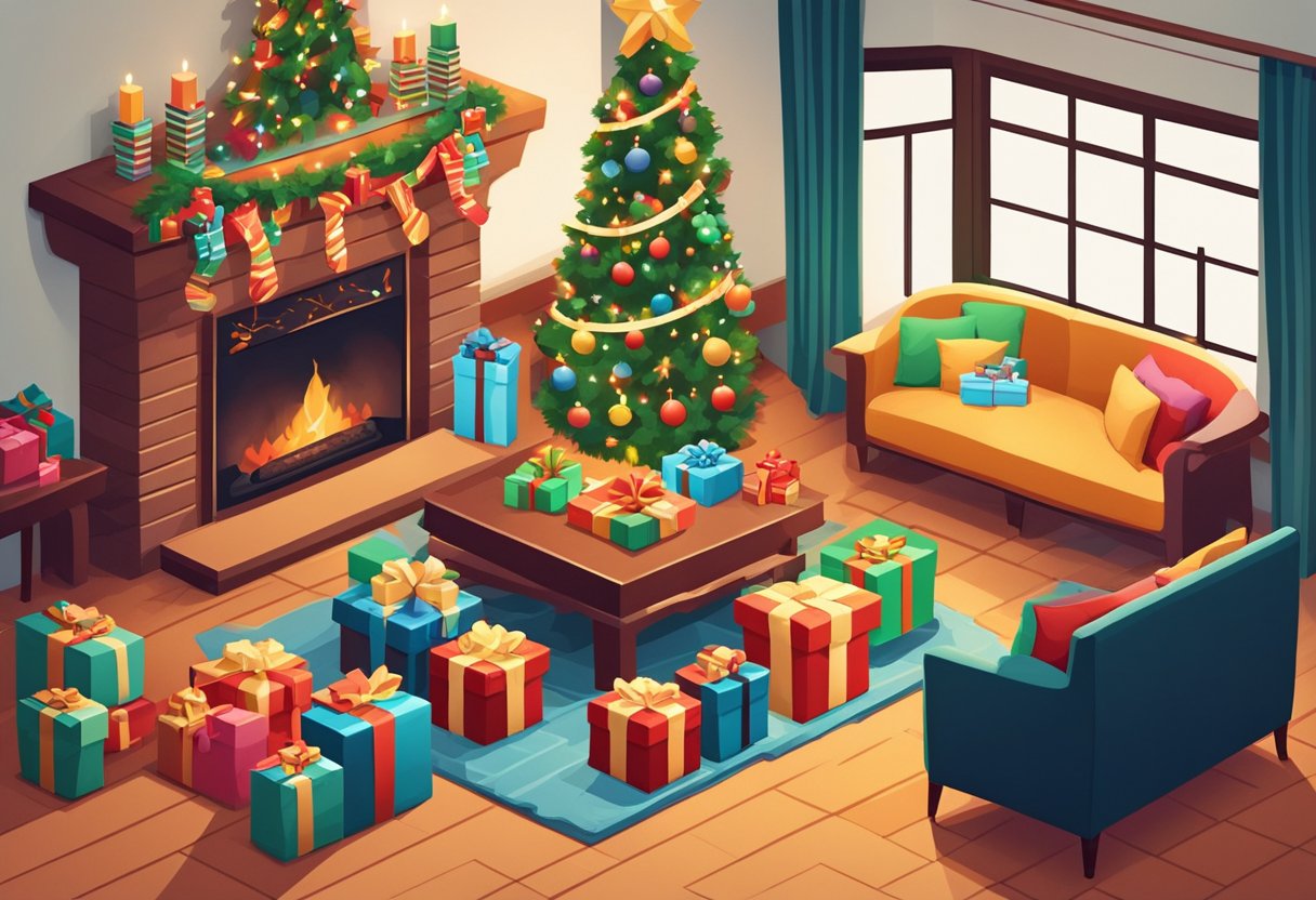 A festive scene with a pile of colorful presents, twinkling lights, and a cozy fireplace, evoking warmth and joy for the holiday season