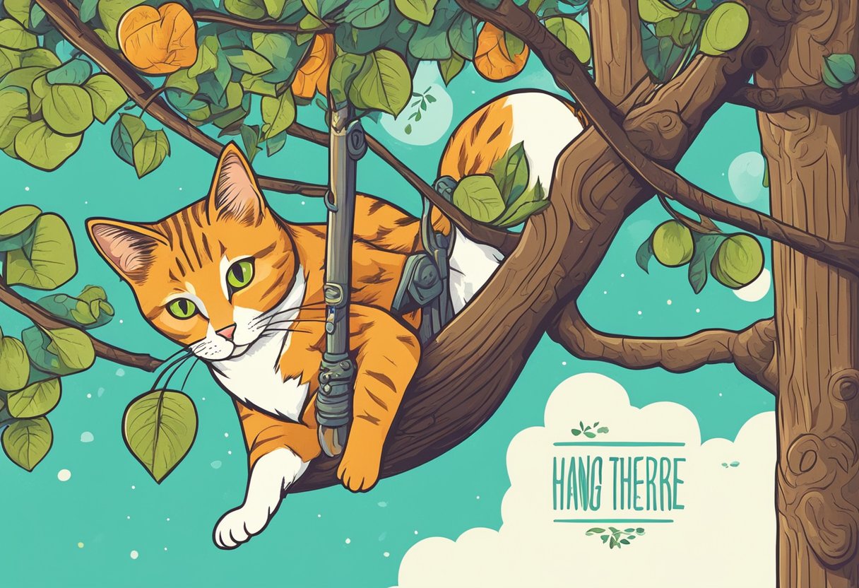 A cat hangs from a tree branch, with a "hang in there" quote on a sign below