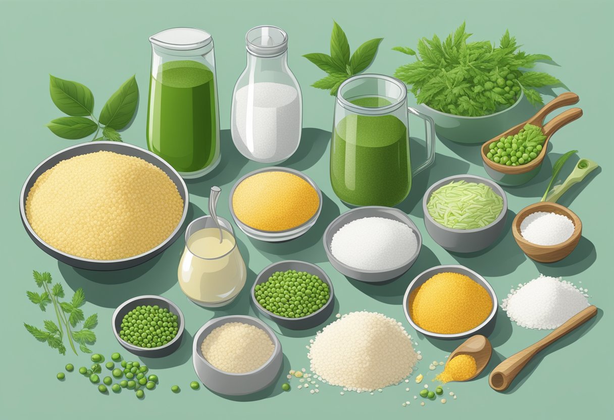 A variety of plant-based ingredients, such as peas, rice, and hemp, are scattered around a table. A blender and measuring scoops sit nearby