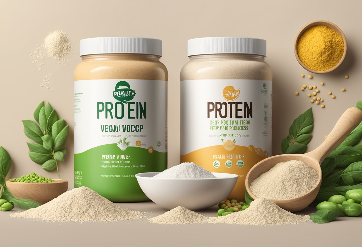 A scoop of vegan protein powder sits on a countertop, surrounded by a variety of plant-based ingredients such as peas, rice, and hemp