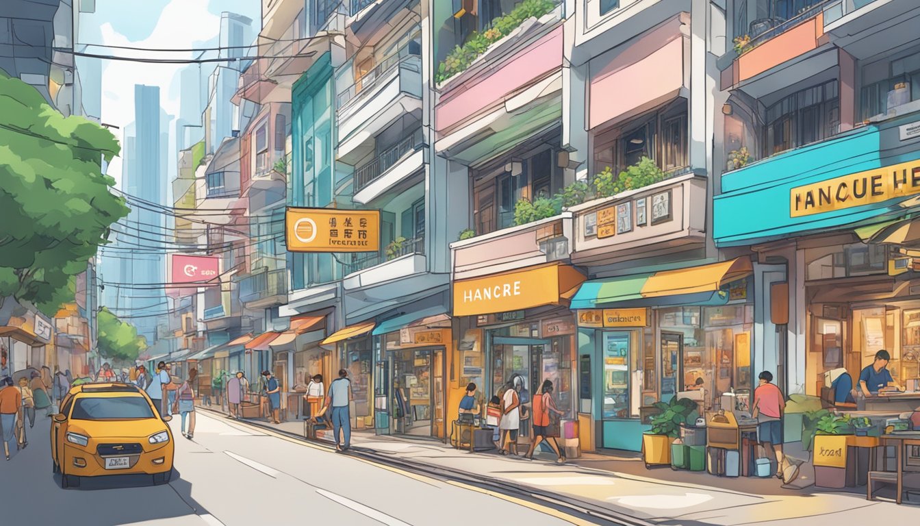 A bustling street in Singapore, with vibrant storefronts and a sign reading "Hanacure Mask Available Here" in bold letters