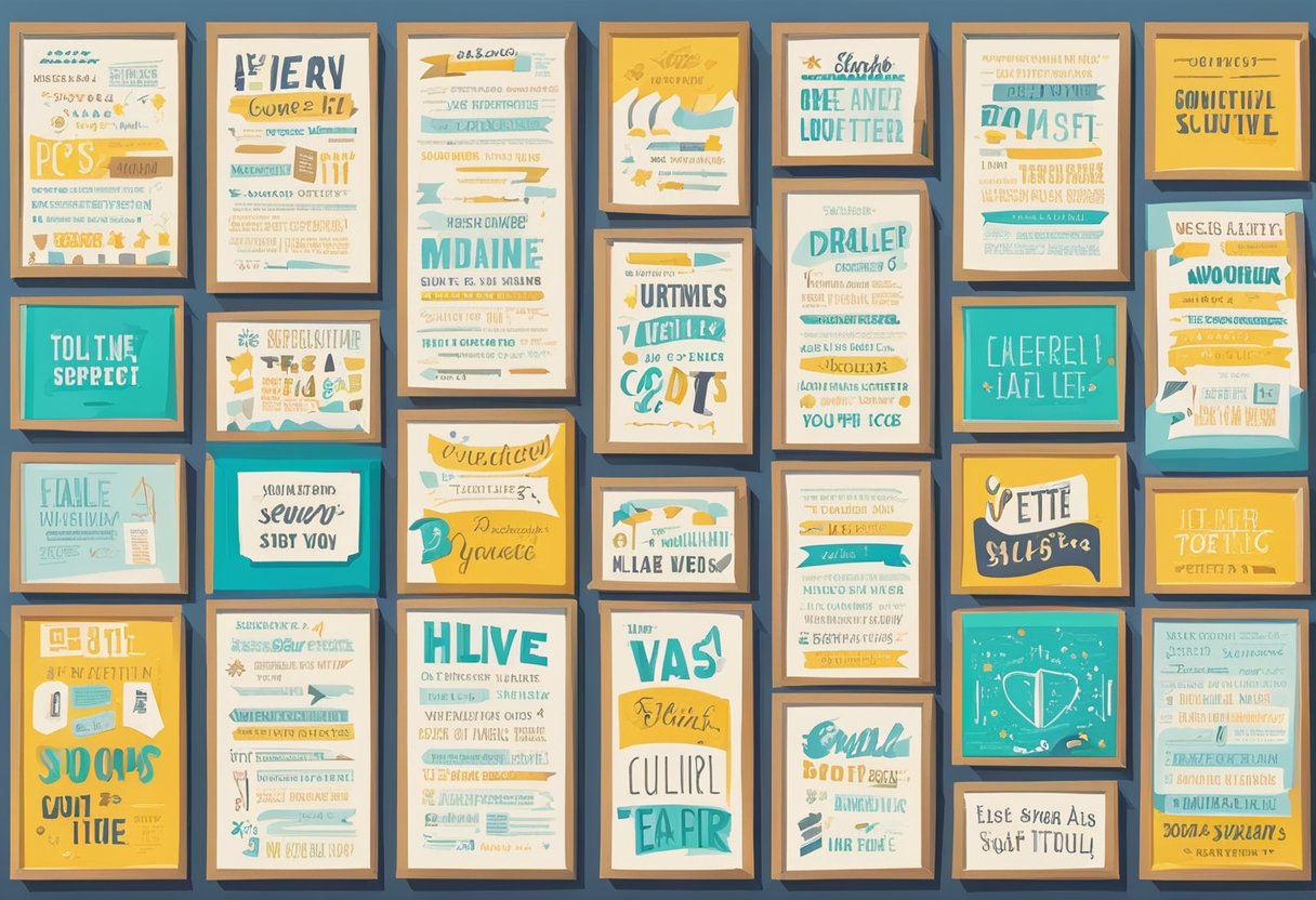 A collection of quotes hangs on a bulletin board, with various fonts and colors, creating a motivational display