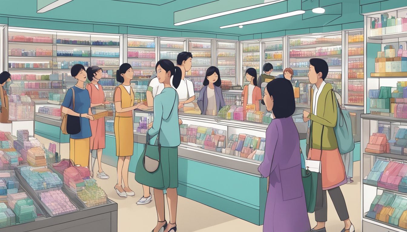 A crowded beauty store in Singapore displays the hanacure mask, with customers browsing and asking questions to the sales staff