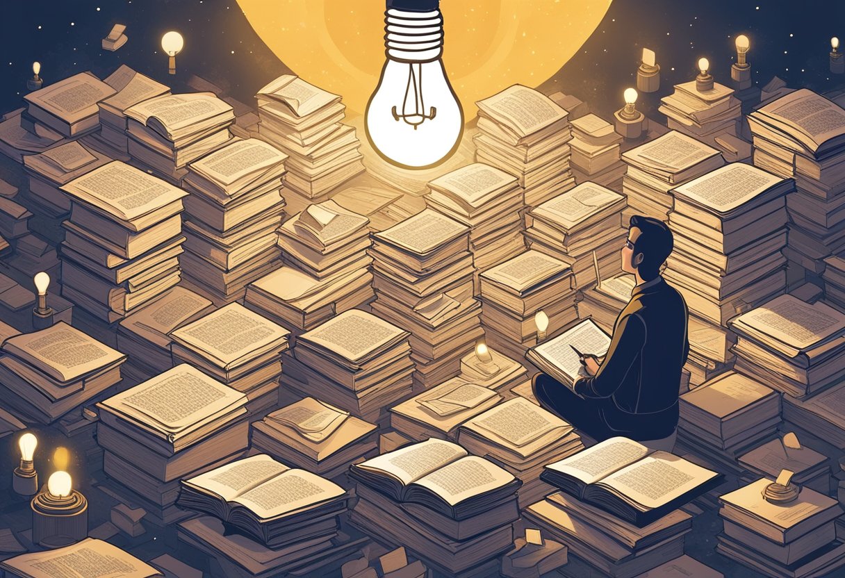 A pile of open books with quotes scattered around, a light bulb above emitting a warm glow, and a person's silhouette in the background, symbolizing the process of understanding and enlightenment