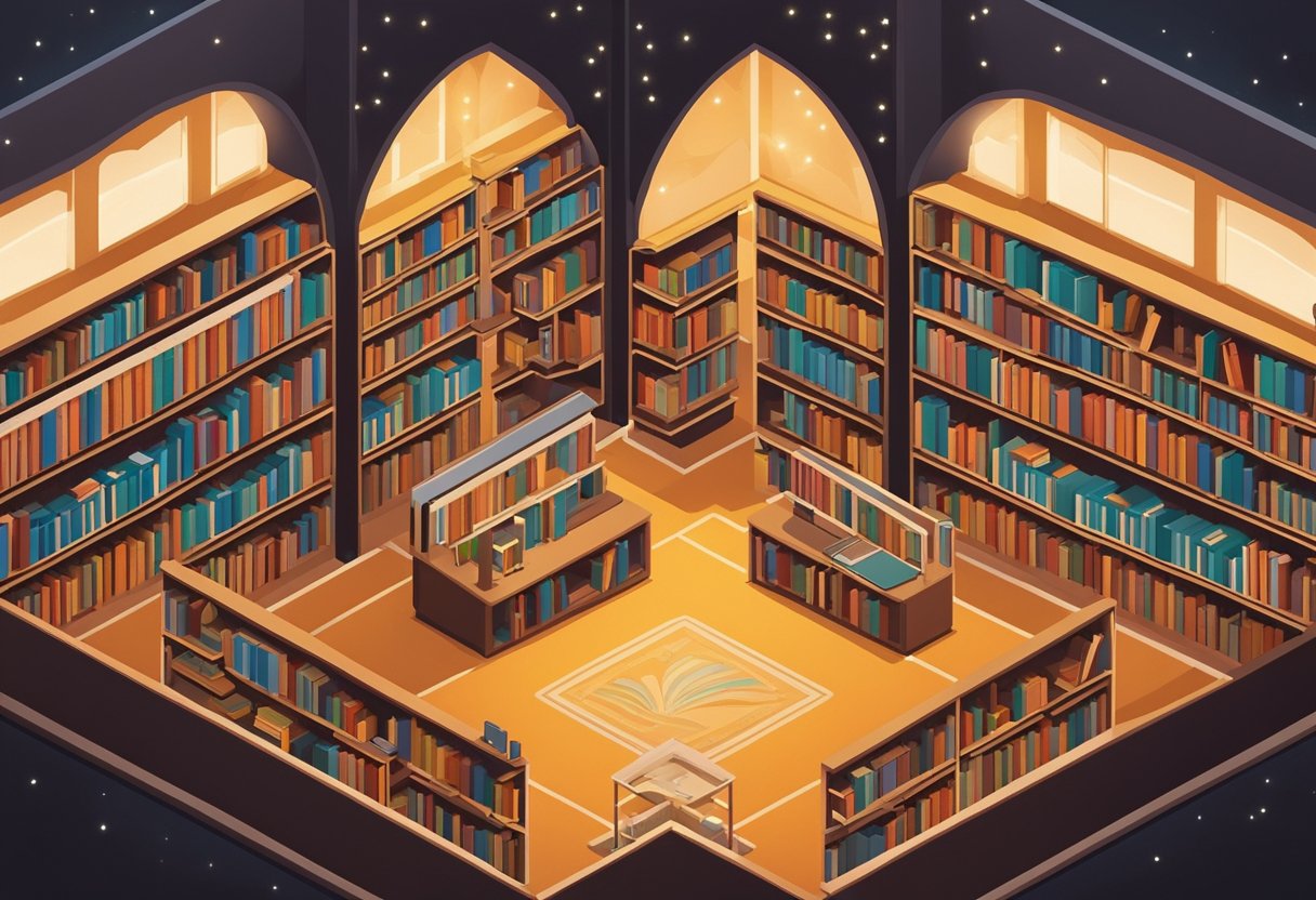 A serene library with shelves of books, a cozy reading nook, and a warm glow from the lamps, symbolizing the quest for knowledge and understanding