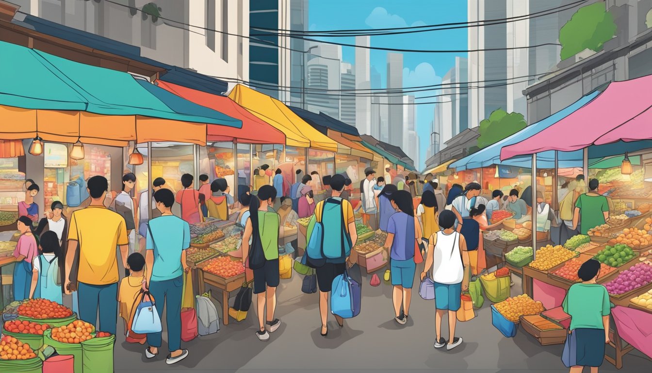 A bustling street market in Singapore, with colorful stalls selling a variety of haversacks. Customers browse through the selection, while vendors call out their prices and showcase the different styles and designs