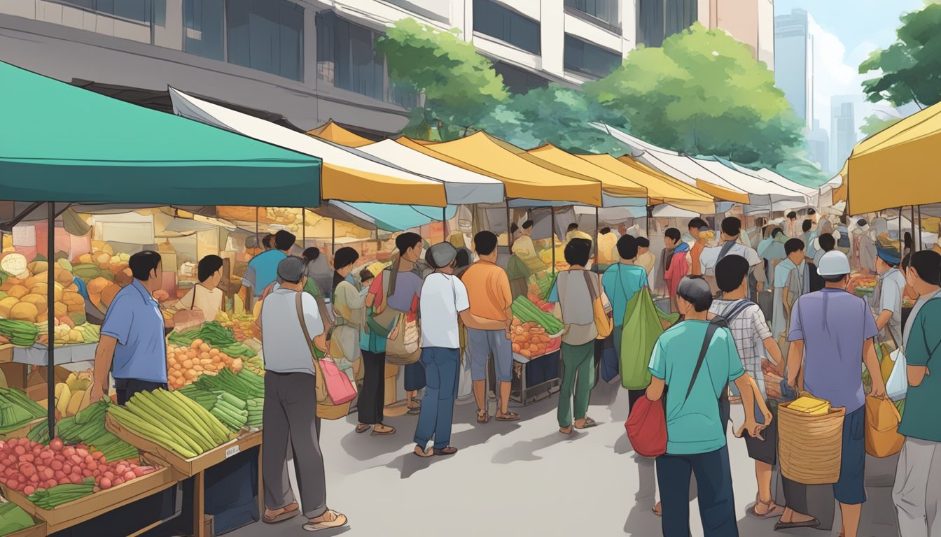 A bustling Singapore street market with various vendors selling haversacks, with shoppers browsing and asking questions