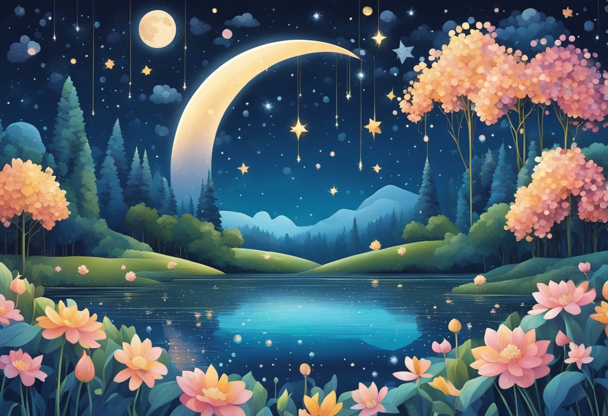 Sparkling stars dot a midnight sky, casting a shimmering glow over a tranquil landscape. Glistening dewdrops cling to delicate petals, reflecting the soft light of a full moon