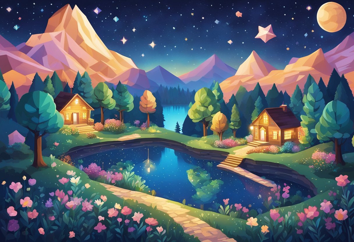 Sparkling stars fill the night sky, casting a shimmering glow over the landscape. Glittering diamonds adorn the trees and flowers, creating a magical and enchanting scene