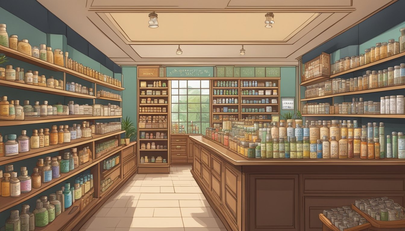 A cozy, well-lit homeopathic store in Singapore, shelves stocked with various remedies and natural medicines, a knowledgeable staff member assisting a customer