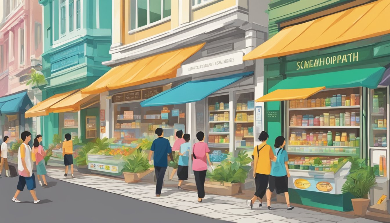 A bustling street in Singapore, with colorful signs advertising homeopathic clinics and remedies. People walk by, some peering into the windows with curiosity