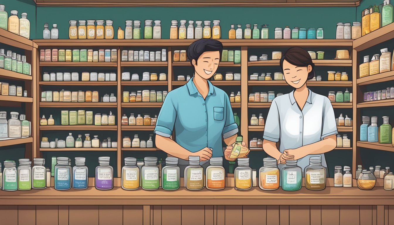 A cozy home with shelves of homeopathic remedies, a friendly staff member assisting a customer, and a sign indicating "Where to buy homeopathic remedies in Singapore."