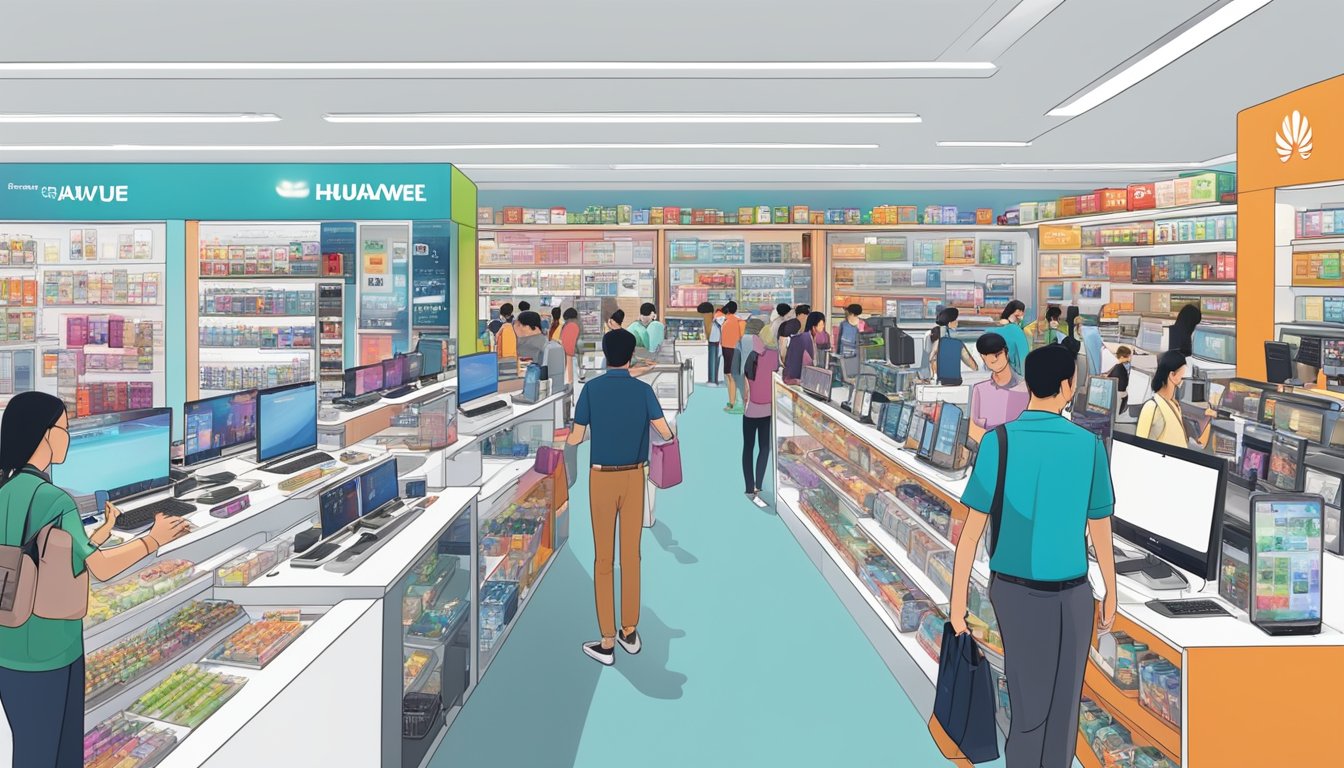 A bustling electronic store in Singapore showcases a variety of Huawei products, with vibrant displays and eager customers browsing the latest gadgets