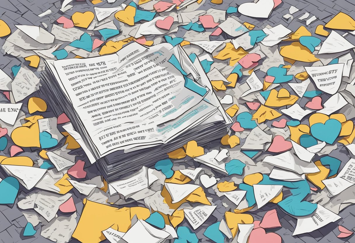 A pile of torn and crumpled papers with quotes about exes scattered on the floor, surrounded by a broken heart-shaped frame