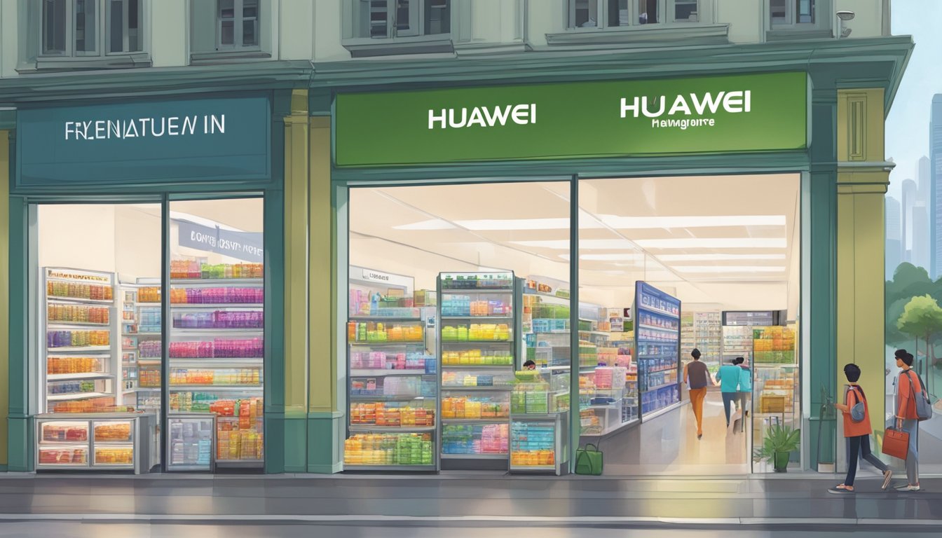 A bustling electronic store in Singapore displays Huawei products with a sign reading "Frequently Asked Questions: Where to buy Huawei in Singapore."