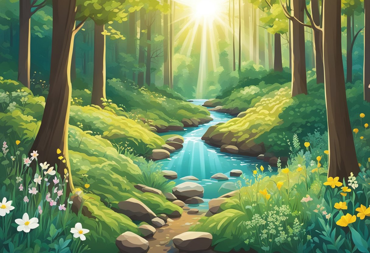 A serene forest clearing with a babbling brook, surrounded by tall trees and wildflowers, with the sun casting dappled light through the leaves