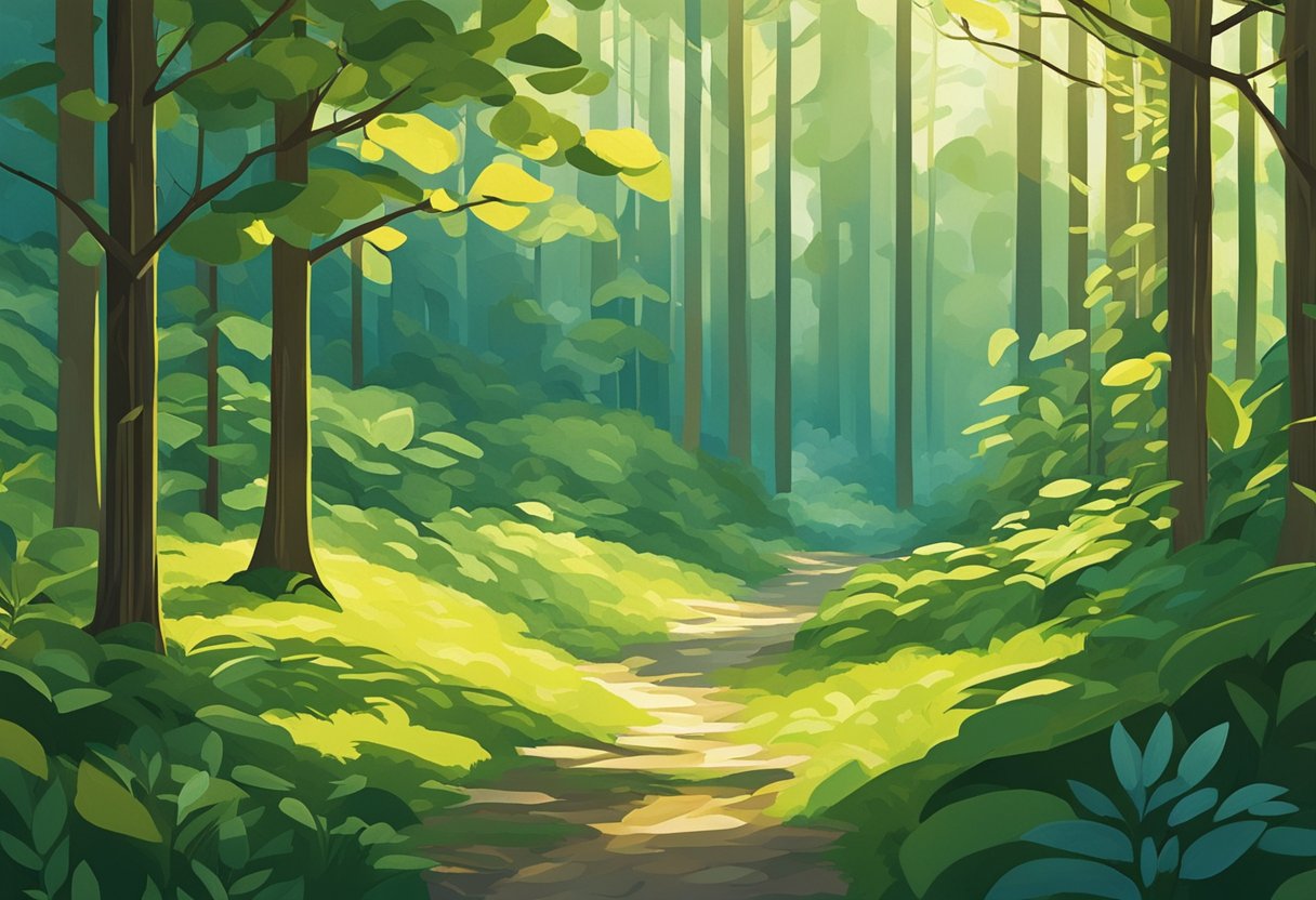 A serene forest clearing with sunlight filtering through the trees, casting dappled shadows on the ground. A gentle breeze rustles the leaves, and the sound of birdsong fills the air