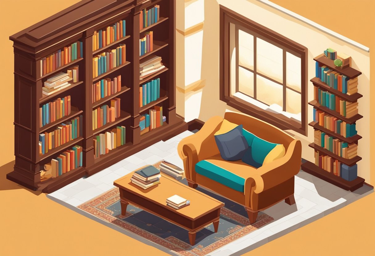 A cozy library with shelves full of books, a crackling fireplace, and a comfortable armchair bathed in warm light