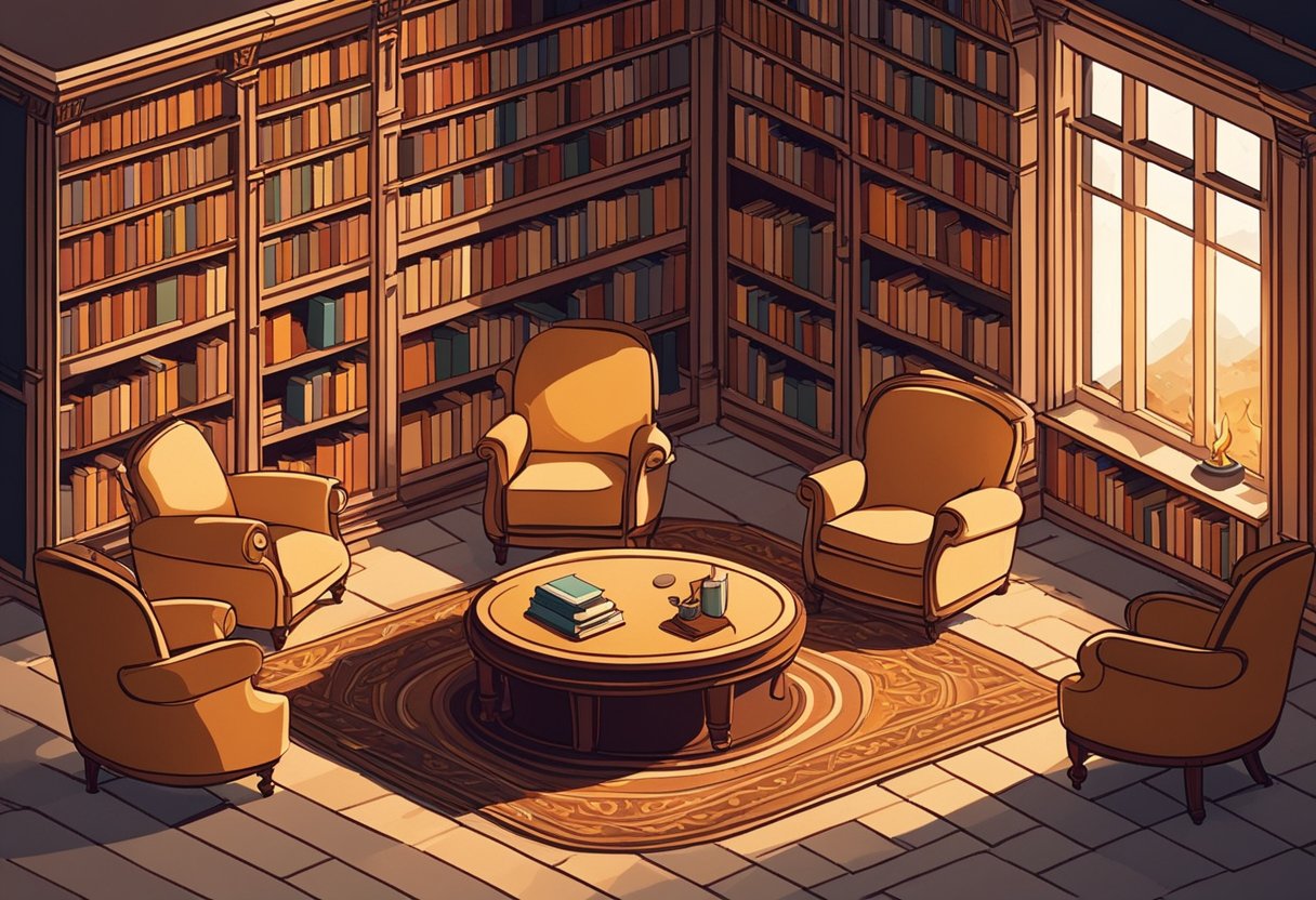 A cozy library with shelves of books, a crackling fireplace, and comfortable armchairs arranged in a circle. Sunlight streams in through the large windows, casting warm patterns on the floor