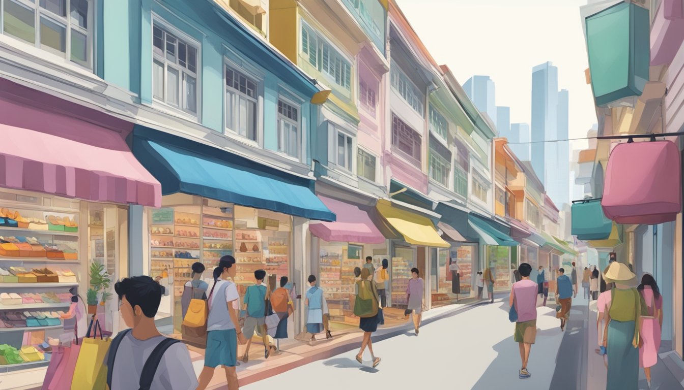 A bustling Singapore street with a variety of shoe stores and pharmacies displaying insoles in their windows. Pedestrians walk by, some carrying bags with insoles