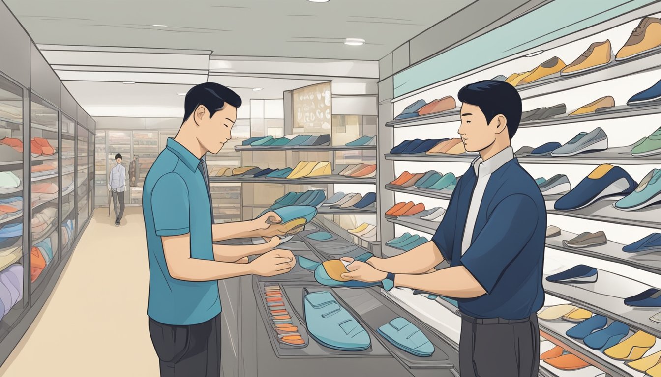 A customer selects insoles from a display at a Singapore store, while a salesperson assists nearby