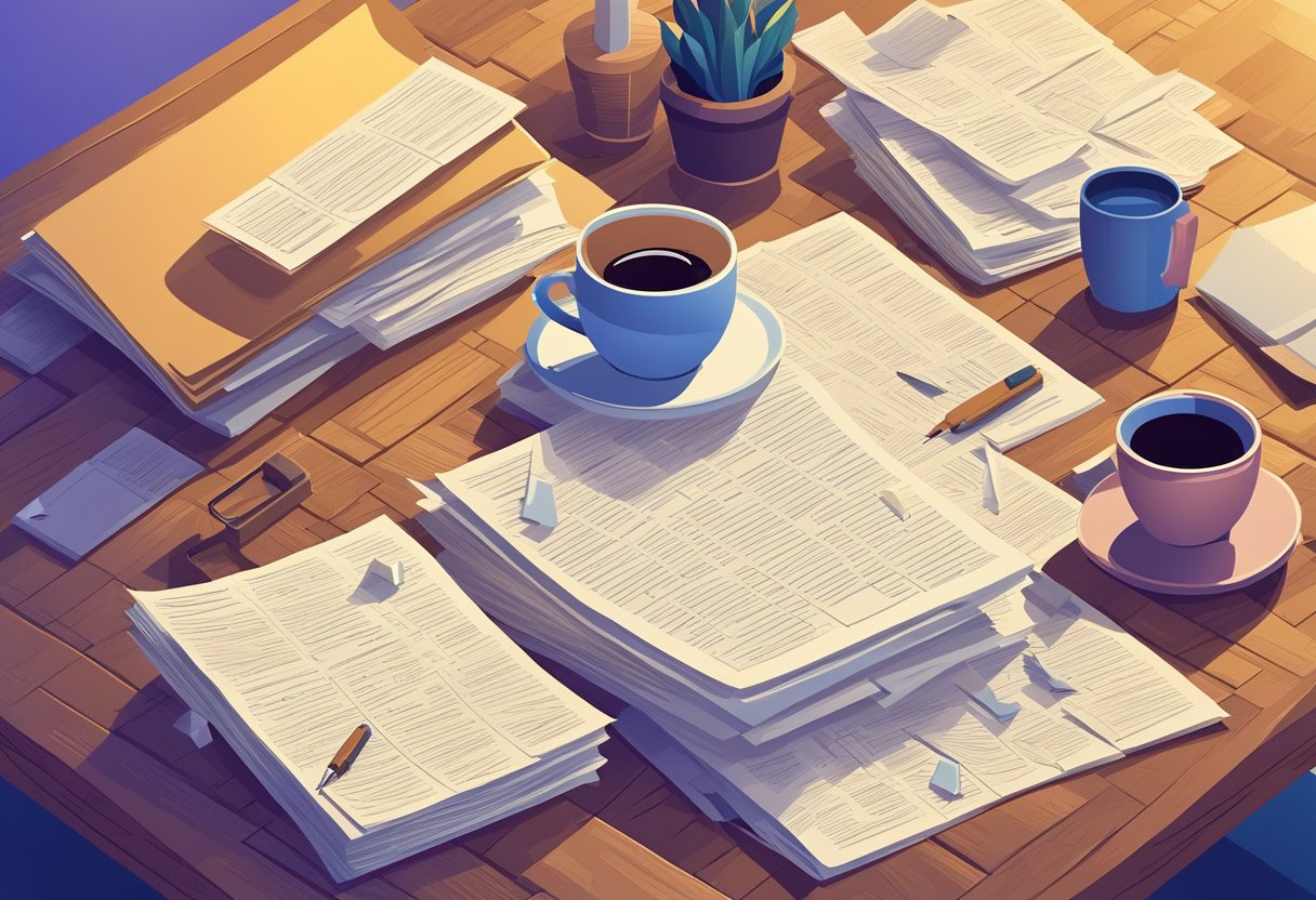A pile of papers with quotes scattered on a wooden desk, surrounded by a warm desk lamp and a cup of coffee