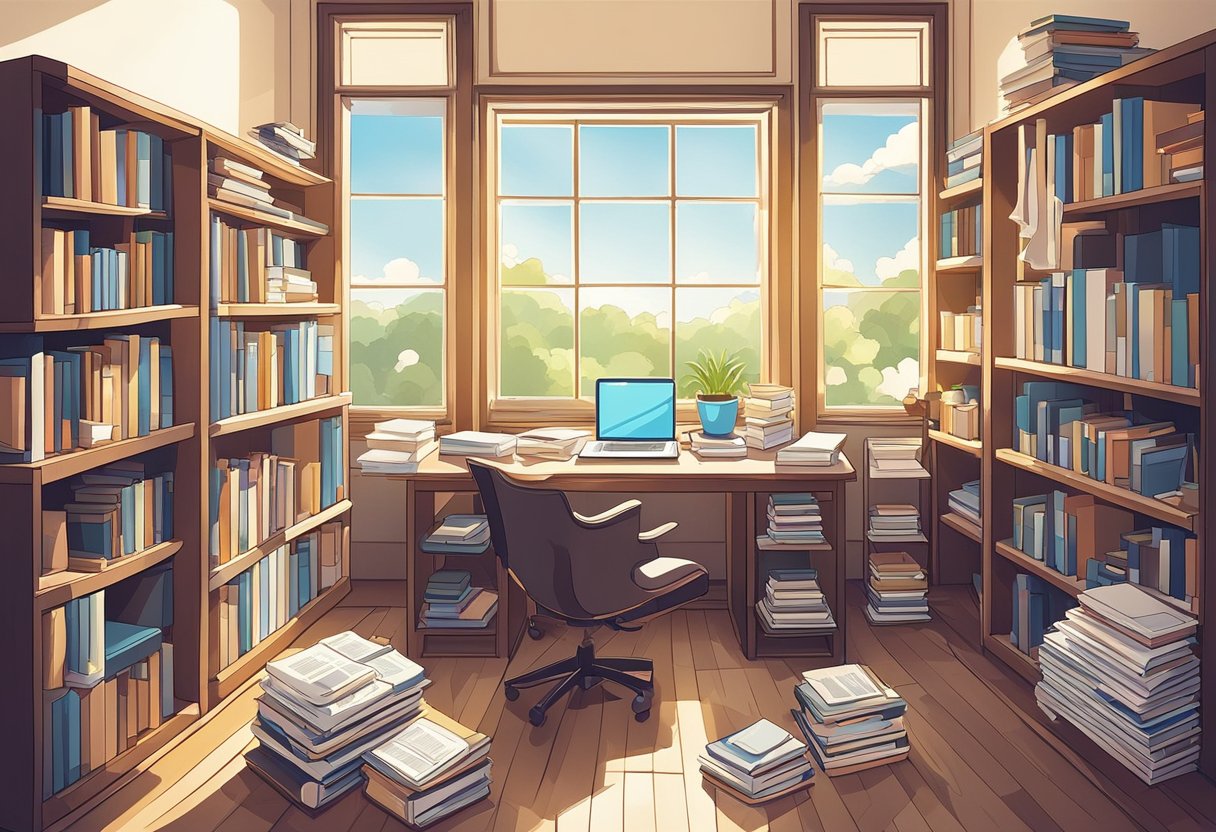 A desk with scattered papers and a pen holder, surrounded by shelves filled with books and a window with sunlight streaming in