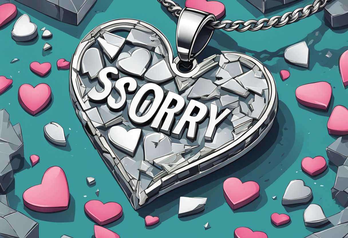 A broken heart-shaped pendant lies on the ground, shattered into pieces, with the word "sorry" engraved on it
